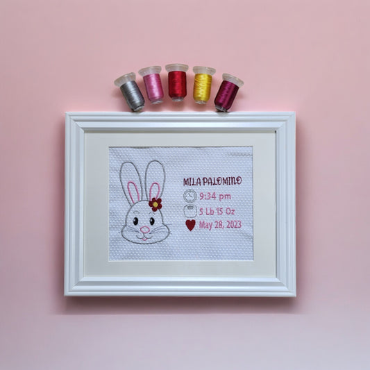 Bunny Custom Embroidered Birth Announcement - Wall Art