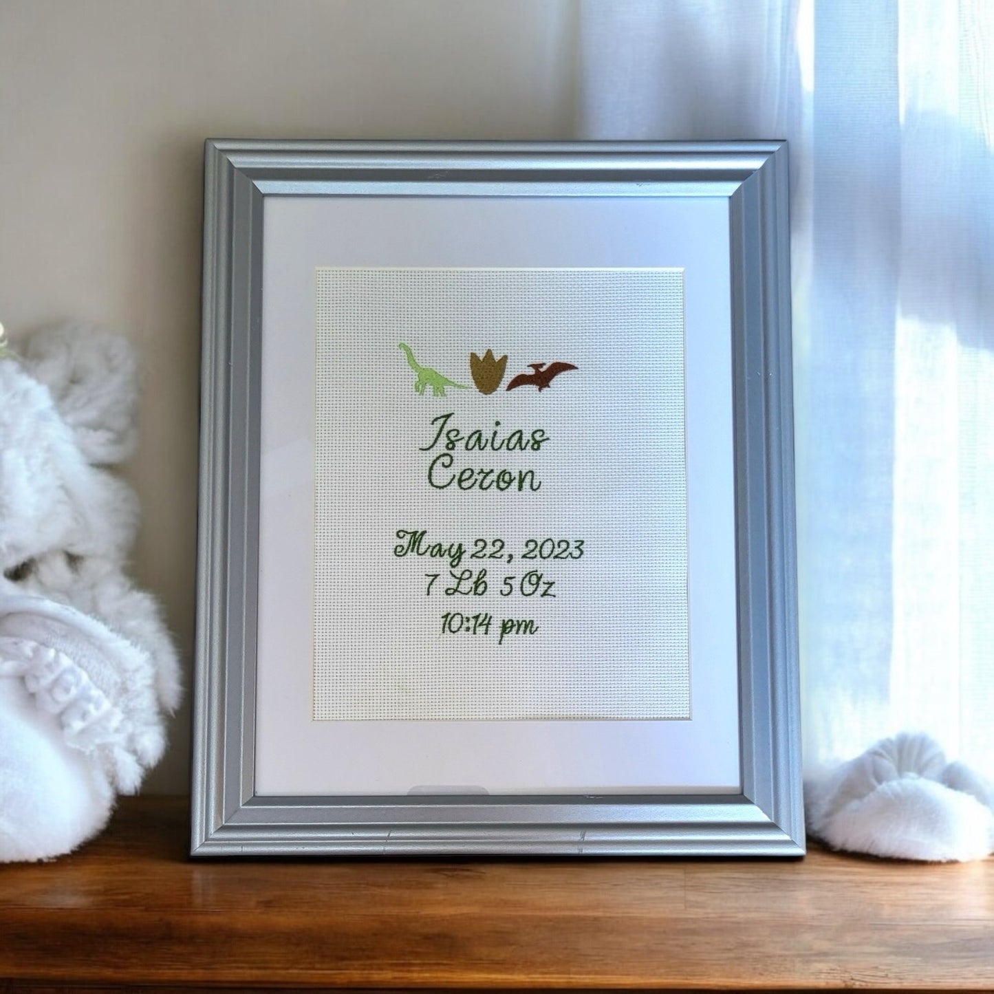 Dinosaurs Custom Embroidered Birth Announcement - Wall Art