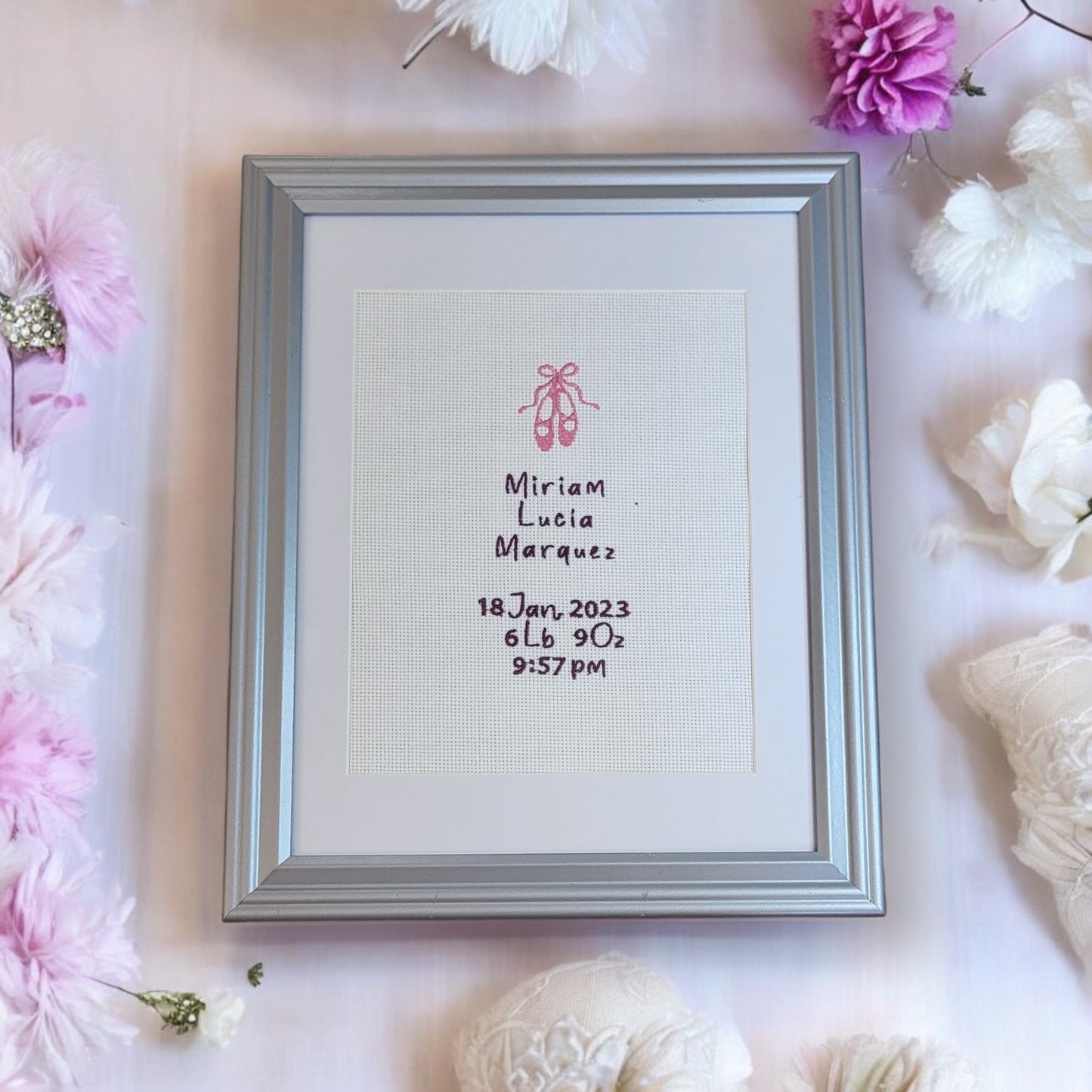 Ballet Shoes Custom Embroidered Birth Announcement - Wall Art